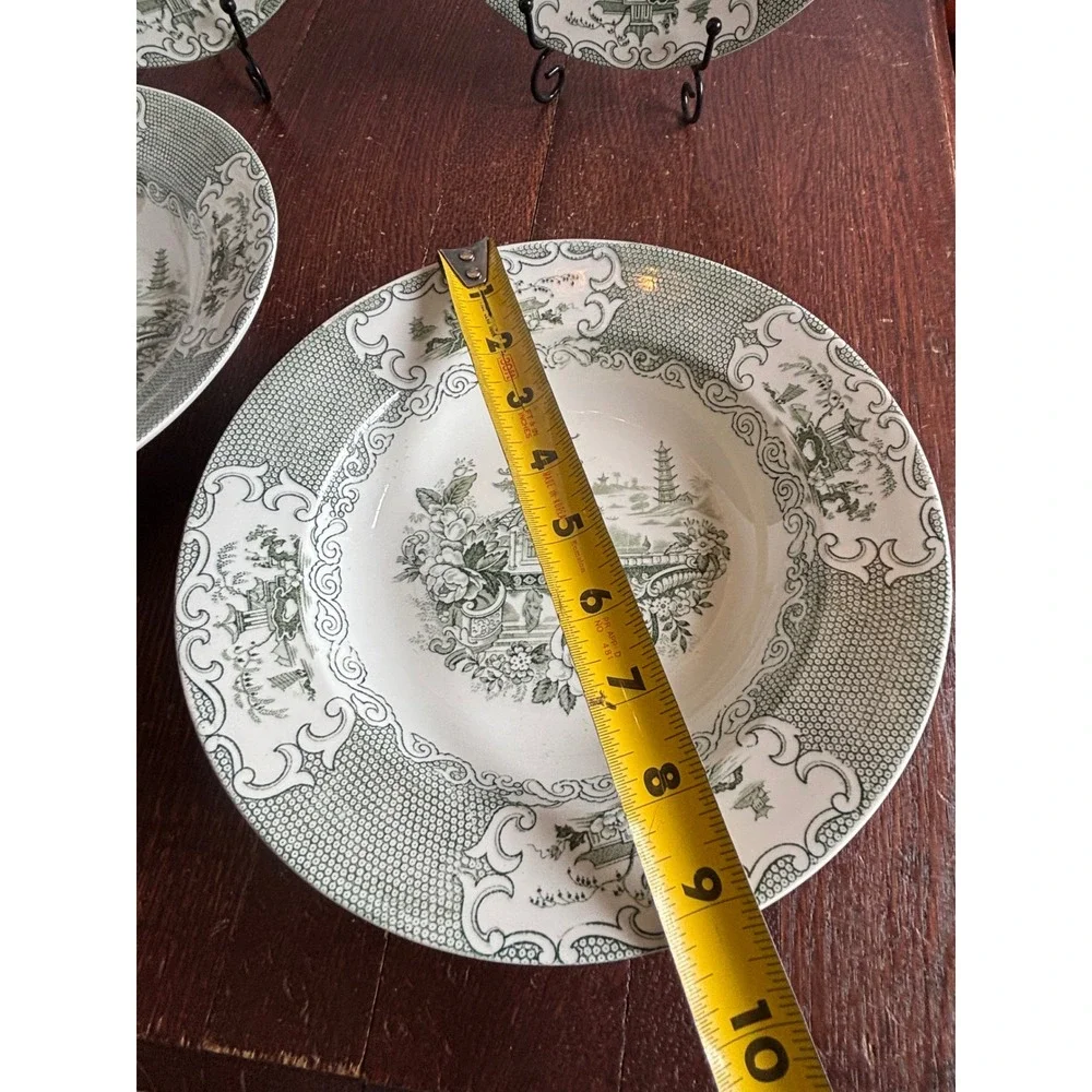 Vintage Libertas Prussia Green Transferware Soup Bowls Chinoiserie Set of 4